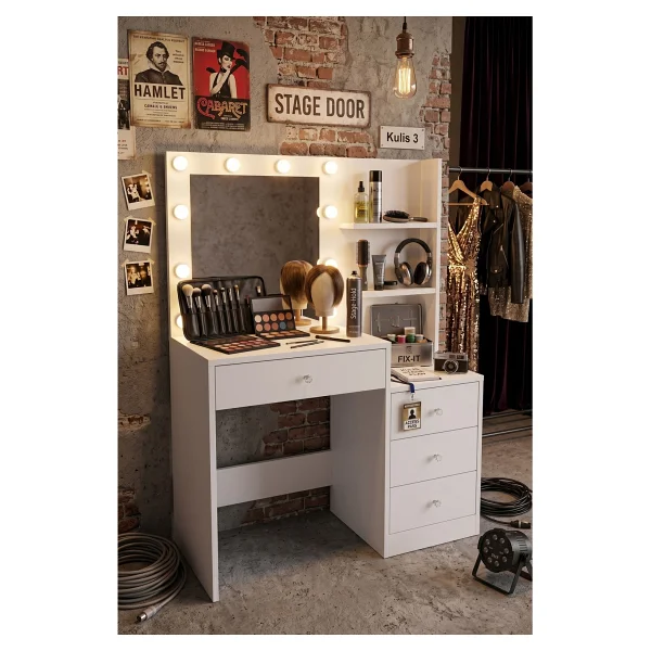 Robin Home Hollywood Makyaj Masası 4 Çekmeceli Düzenleyici Hollywood LED Işıklı Raflı Beyaz - Görsel 2