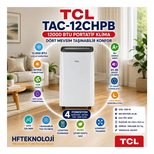 Tcl Havadaki Fazla Nemi Alarak Evinizi Konforlu Tutan 12000 Btu 4 Fonksiyonlu (Soğutma-Isıtma-Fan-Nem Alma) Portatif Klima - Beyaz - Görsel 9