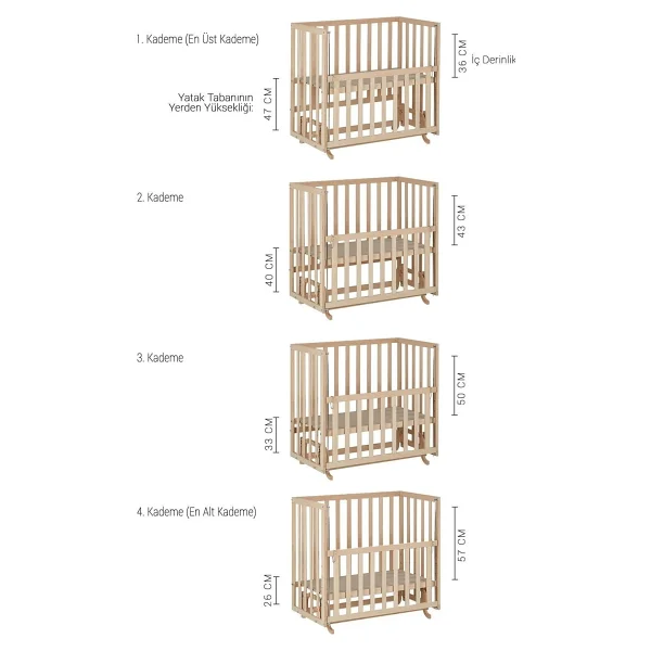 Babycom Anne Yanı Naturel Boyasız 50x90 cm Tekerlekli Ahşap Beşik - Görsel 4