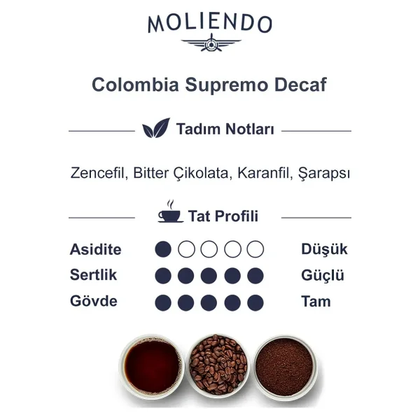 Moliendo Colombia Supremo Decaf Kafeinsiz Çekirdek Kahve 1 kg - Görsel 3
