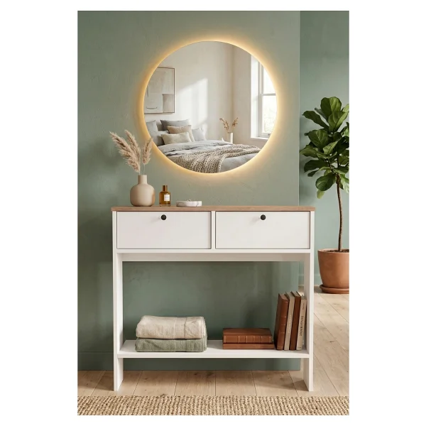 Robin Home LED Aynalı Dresuar Kapaklı Ahşap Ayaklı 90CM Sepet-Beyaz - Görsel 2