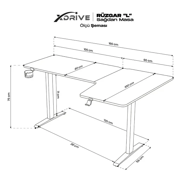 xDrive Rüzgar 160x60 cm Gri Sağ L Oyuncu Masası - Görsel 3