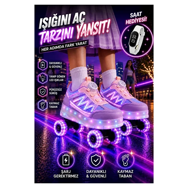 Muggo Skate Çocuk Işıklı Patenli Tekerlekli Sneaker Spor Ayakkabı - Siyah - 35 - Görsel 9