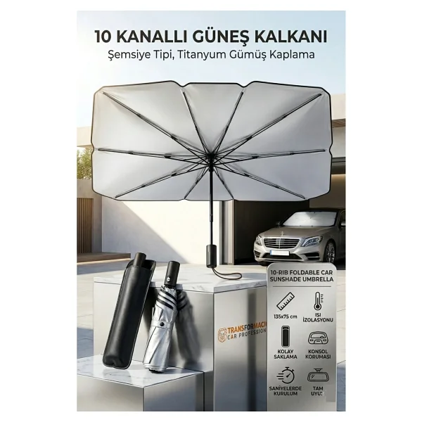 Transformacion Şemsiye Tipi Araç Güneşliği, Katlanabilir Oto Ön Cam Güneşlik, 10 Telli Uv Korumalı 723210 - Görsel 9