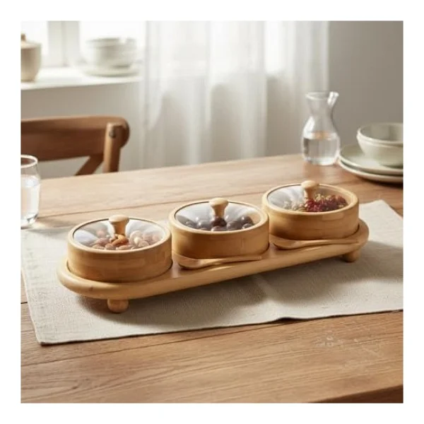Bambu Tepsili 3'lü Cam Çerezlik ve Kahvaltılık Seti - Kapaklı, Yuvarlak ve Dikdörtgen Seçenekli Sunum Takımı (Yuvarlak) - Option-1 - Görsel 4