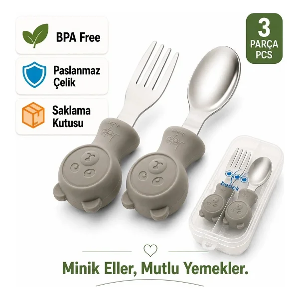 Jojobebek Ayıcık Figürlü Premium Çocuk Bpa'sız Silikon Saplı Paslanmaz Çelik Uçlu Çatal-Kaşık/saklama Kutusu 9+Ay - Mavi - Görsel 8