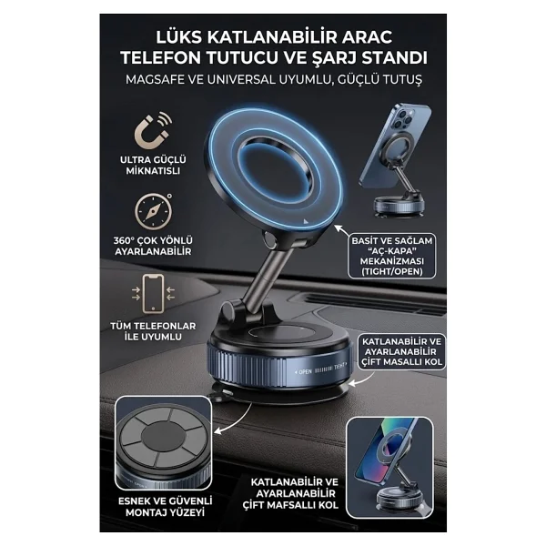 Fiat Egea 360 Dönebilen Araç Telefon Tutucu Vakumlu Magsafe Destekli Telefon Tutucu - Görsel 3