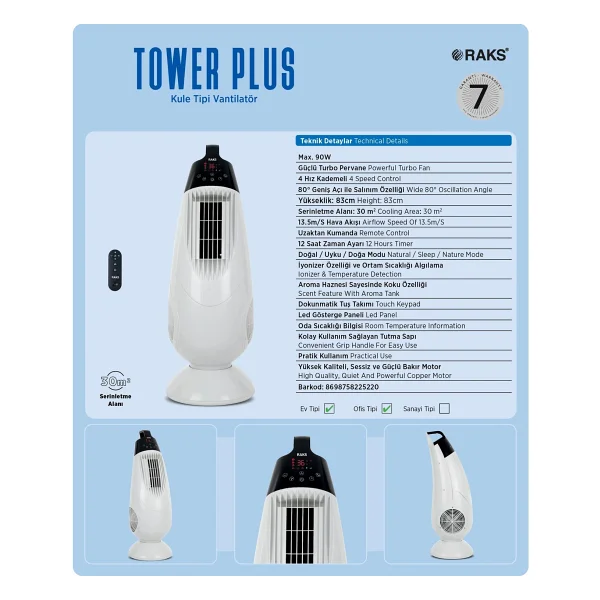 Raks Tower Plus Uzaktan Kumandalı Kule Tipi Vantilatör - Görsel 2