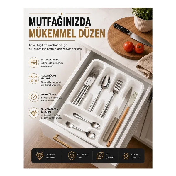 Fevito 6 Bölmeli Çekmece Içi Kaşıklık, Plastik Çatal Bıçak Organizeri, Mutfak Düzenleyici Beyaz S-11003 - Görsel 9