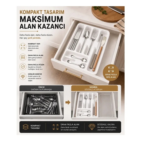 Fevito 6 Bölmeli Çekmece Içi Kaşıklık, Plastik Çatal Bıçak Organizeri, Mutfak Düzenleyici Beyaz S-11003 - Görsel 3
