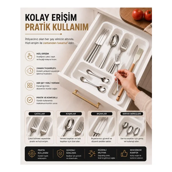 Fevito 6 Bölmeli Çekmece Içi Kaşıklık, Plastik Çatal Bıçak Organizeri, Mutfak Düzenleyici Beyaz S-11003 - Görsel 4