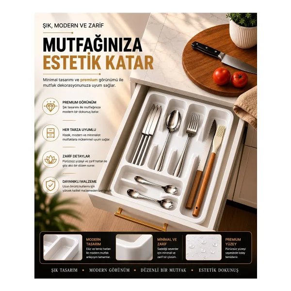 Fevito 6 Bölmeli Çekmece Içi Kaşıklık, Plastik Çatal Bıçak Organizeri, Mutfak Düzenleyici Beyaz S-11003 - Görsel 5