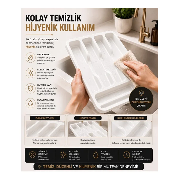 Fevito 6 Bölmeli Çekmece Içi Kaşıklık, Plastik Çatal Bıçak Organizeri, Mutfak Düzenleyici Beyaz S-11003 - Görsel 6