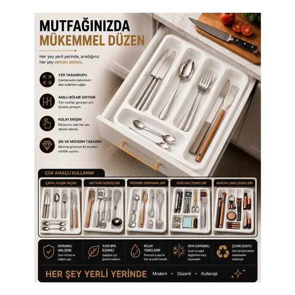 Fevito 6 Bölmeli Çekmece Içi Kaşıklık, Plastik Çatal Bıçak Organizeri, Mutfak Düzenleyici Beyaz S-11003 - Görsel 7
