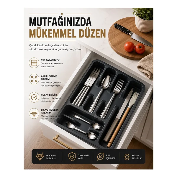 Fevito 6 Bölmeli Çekmece Içi Kaşıklık, Plastik Çatal Bıçak Organizeri, Mutfak Düzenleyici Beyaz S-11003 - Görsel 8