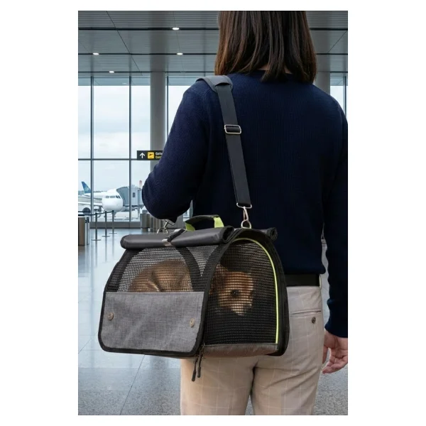 Reyo Brave Paws Flybag Plastik Yırtılmaz Fileli Kedi ve Köpek Taşıma Çantası Seyahat Çantası Gri 45X25X26CM - Görsel 6