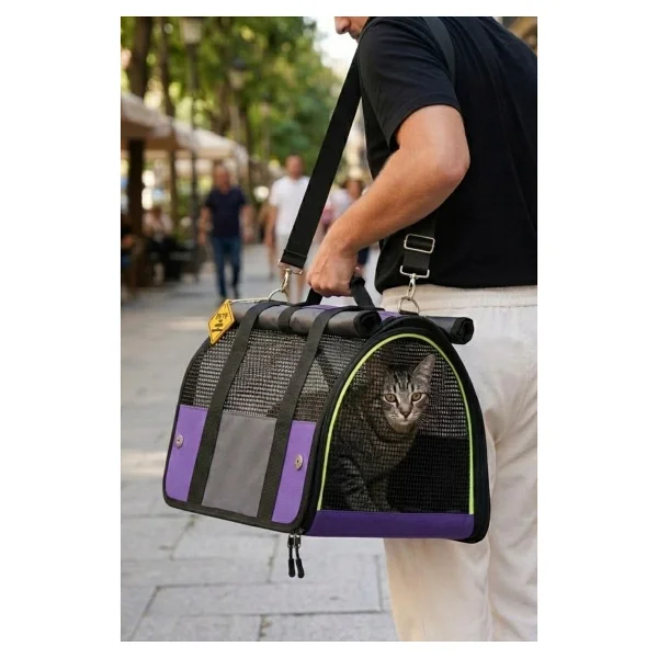 Reyo Brave Paws Flybag Plastik Yırtılmaz Fileli Kedi ve Köpek Taşıma Çantası Seyahat Çantası Mor 45X25X26CM - Görsel 8