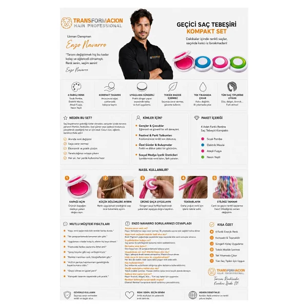 Transformacion 4'lü Set Geçici Saç Tebeşiri: Yıkanabilir Renkli Saç Boyası - Parti ve Festival Için Anında Tarz 714662 - Görsel 4