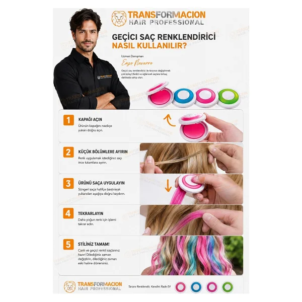 Transformacion 4'lü Set Geçici Saç Tebeşiri: Yıkanabilir Renkli Saç Boyası - Parti ve Festival Için Anında Tarz 714662 - Görsel 6