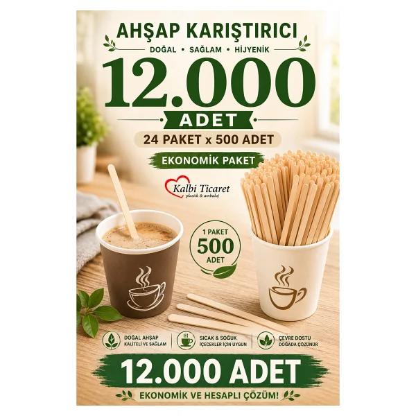 Kalbi Ticaret Ahşap Karıştırıcı 500'lü x 24 Adet Çay Kahve Karıştırma Çubuğu Tahta Karıştırıcı Tahta Kaşık - 12000 Adet - Görsel 6