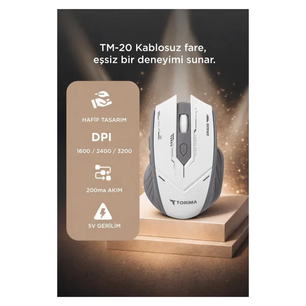 Torima TM-20 Beyaz-Gri Şarjlı Ergonomik Optik Kablosuz Oyuncu Mouse - Görsel 3