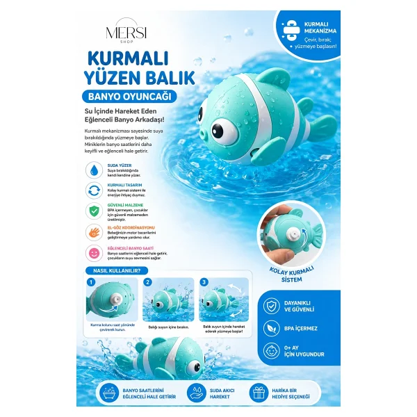 Mersi Shop Kurmalı Yüzen Balık Banyo Oyuncağı Su Içinde Hareket Eden Bebek ve Çocuk Banyo Oyuncağı - Pembe - Görsel 7
