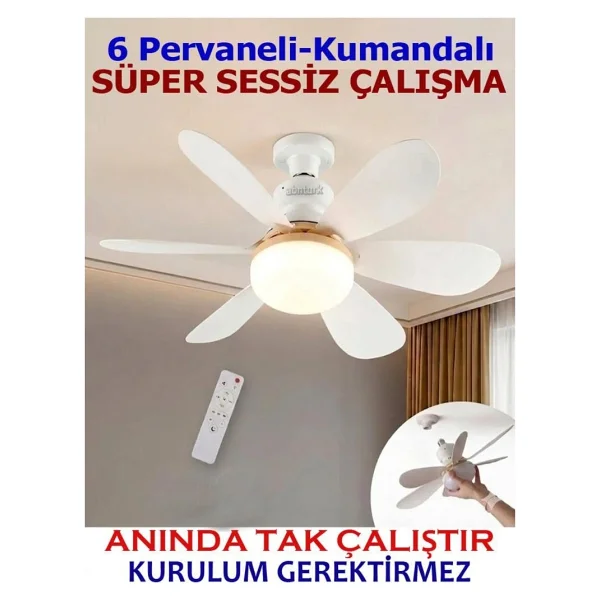abnturk Enerji Tasarruflu LED Işıklı Uzaktan Kumandalı 6 Pervane Tavan Vantilatörü Sessiz Çalışan 2 Yıl Garanti Türk Malı Tavandaki E27 Standart Duya Takılarak Anında Çalışan Ev, işyeri, Ofis Hava Ser - Görsel 2
