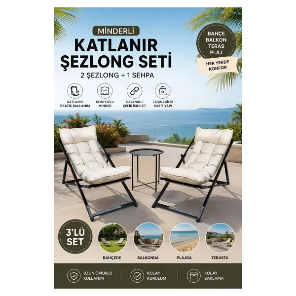 Hundemir Katlanabilir Minderli Bahçe Balkon Teras Şezlong 2 Şezlong 1 Sehpa (Siyahiskelet ) - Mor - Görsel 7
