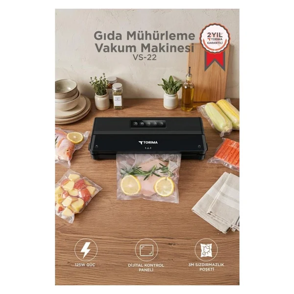 Torima Gıda Mühürleme Vakum Makinesi Yiyecek Tazeliği Koruma Ev Restoran Vakum Poşeti Hediyeli VS22 Siyah - Görsel 7