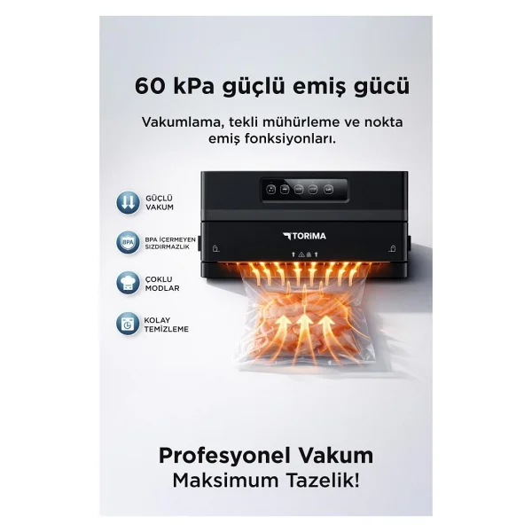 Torima Gıda Mühürleme Vakum Makinesi Yiyecek Tazeliği Koruma Ev Restoran Vakum Poşeti Hediyeli VS22 Siyah - Görsel 5