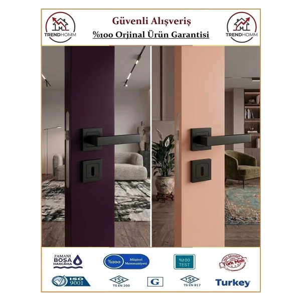 Kare Rozetli Wc Banyo Kapı Kolu - Mat Siyah - 1 Takım Ön ve Arka - Görsel 3