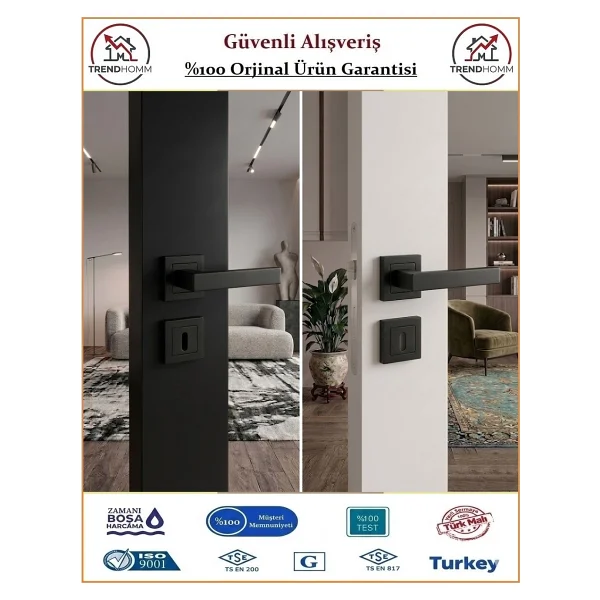 Kare Rozetli Wc Banyo Kapı Kolu - Mat Siyah - 1 Takım Ön ve Arka - Görsel 6