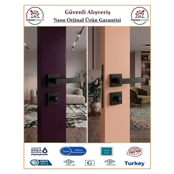Kare Rozetli Wc Banyo Kapı Kolu - Mat Siyah - 1 Takım Ön ve Arka - Görsel 2