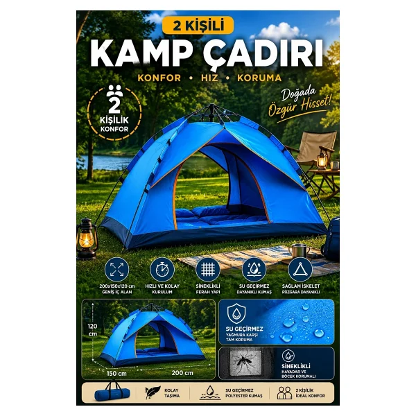MO DOU Çadır Tam Otomatik Kamp Çadırı 2 Kişilik 200x150 cm 3 Saniyede Kurulum Su Geçirmez Geniş Çadır Outdoor - Görsel 2