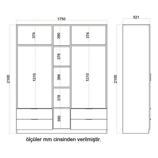 Evdemo Safir 210 cm 4 Çekmeceli 5 Cam Kapaklı Gardırop - Görsel 5