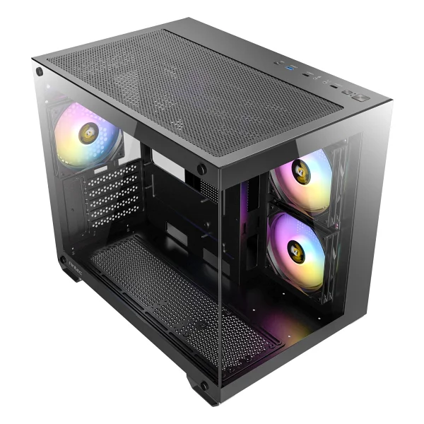 Antec CX600M RGB, 270° Panoramik Temperli Cam, 3x120mm RGB Fan Dahil, Çift Kamera Tasarımı, 360mm Radyatör Desteği, LED Kontrol Düğmesi, Mini Kule Micro-ATX Oyun Kasası, Siyah - Görsel 2