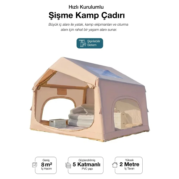 Nurcamp 6 Kişilik 4 Mevsim Su Geçirmez Şişme Kamp Çadırı 210D Oxford Kumaş 8 M2 310X245X142 cm - Görsel 9