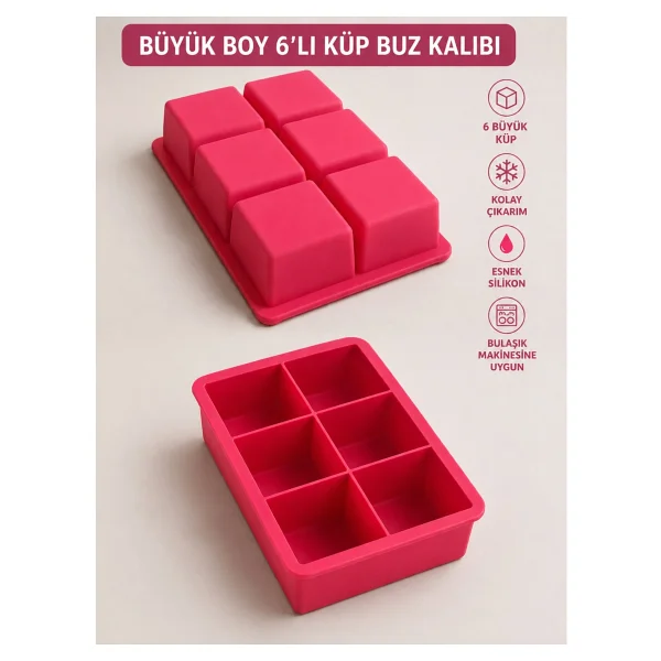 royalgross Büyük Boy 6 'lı Silikon Küp Buz Kalıbı - Dev Buz Küpleri Için Esnek ve Dayanıklı Buz Yapma Kalıbı - Içecek, Kokteyl ve Viski Buzu Pembe - Görsel 4