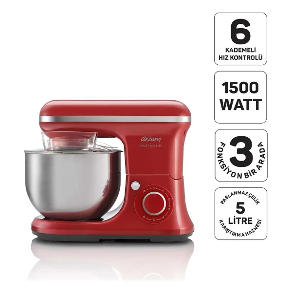 Arzum Crust Mix Lite AR1189 1500 W Kırmızı 5 lt Stand Mikser - Görsel 9