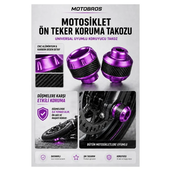 Motobros Motosiklet Aks Koruma Takozu Üniversal Motosiklet Ön Teker Takozu - MOR RENK - 2 Adet - Görsel 3