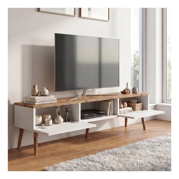 Robeve 140 cm Modern Tv Ünitesi Konsol 2 Kapaklı Ahşap Ayaklı Televizyon Sehpası Salon ve Oturma Odası Için Şık Tasarımlı Tv Konsolu Televizyon Ünitesi Tv Ünitesi Konsol - Beyaz - Atlantik Çam - Görsel 2