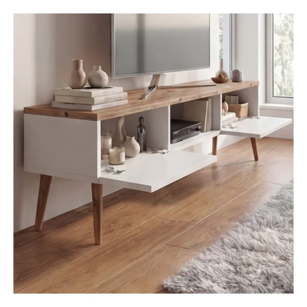 Robeve 140 cm Modern Tv Ünitesi Konsol 2 Kapaklı Ahşap Ayaklı Televizyon Sehpası Salon ve Oturma Odası Için Şık Tasarımlı Tv Konsolu Televizyon Ünitesi Tv Ünitesi Konsol - Beyaz - Atlantik Çam - Görsel 3