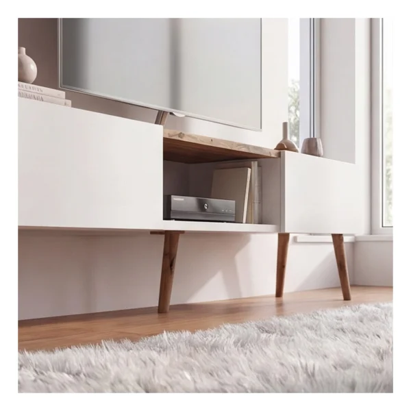 Robeve 140 cm Modern Tv Ünitesi Konsol 2 Kapaklı Ahşap Ayaklı Televizyon Sehpası Salon ve Oturma Odası Için Şık Tasarımlı Tv Konsolu Televizyon Ünitesi Tv Ünitesi Konsol - Beyaz - Atlantik Çam - Görsel 4