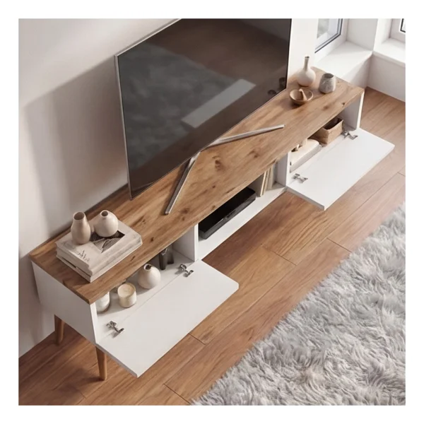 Robeve 140 cm Modern Tv Ünitesi Konsol 2 Kapaklı Ahşap Ayaklı Televizyon Sehpası Salon ve Oturma Odası Için Şık Tasarımlı Tv Konsolu Televizyon Ünitesi Tv Ünitesi Konsol - Beyaz - Atlantik Çam - Görsel 5