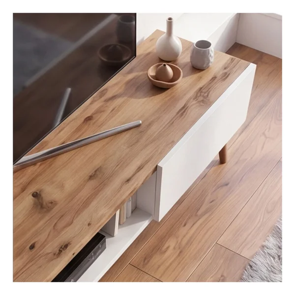 Robeve 140 cm Modern Tv Ünitesi Konsol 2 Kapaklı Ahşap Ayaklı Televizyon Sehpası Salon ve Oturma Odası Için Şık Tasarımlı Tv Konsolu Televizyon Ünitesi Tv Ünitesi Konsol - Beyaz - Atlantik Çam - Görsel 7