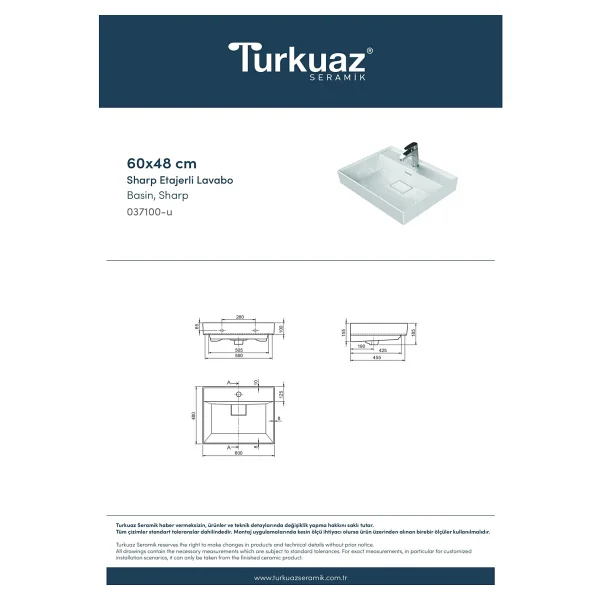 Turkuaz Seramik Sharp 60x48 cm Etajerli Lavabo - Görsel 5