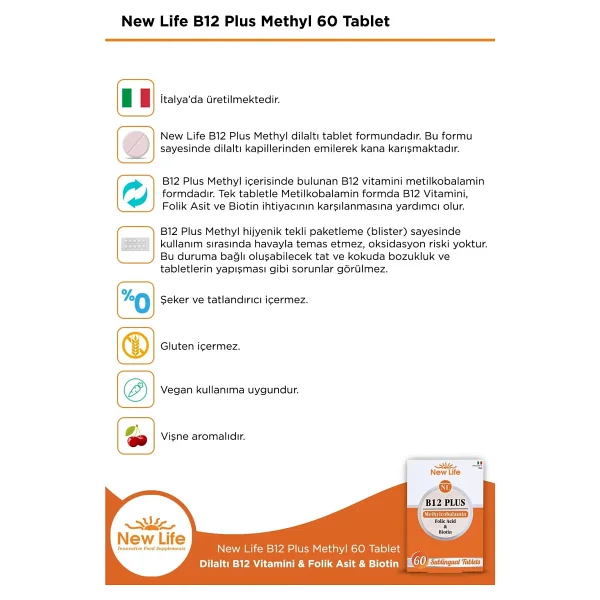 New Life B12 Plus Methylcobalamin Folik Asit Biotin 60 Sublingual Tablet İtalya Menşeli Günlük Takviye - Görsel 3