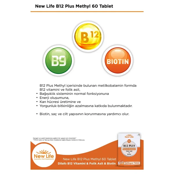 New Life B12 Plus Methylcobalamin Folik Asit Biotin 60 Sublingual Tablet İtalya Menşeli Günlük Takviye - Görsel 4