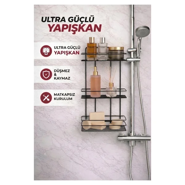 SAS Ömür Boyu Paslanmaz Yapışkanlı Düz Banyo Düzenleyici Şampuanlık Duş Rafı Siyah TŞ-03 - Görsel 6