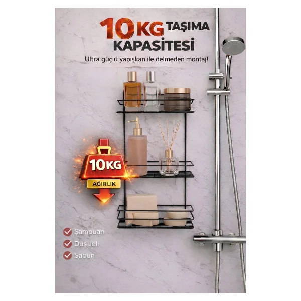 SAS Ömür Boyu Paslanmaz Yapışkanlı Düz Banyo Düzenleyici Şampuanlık Duş Rafı Siyah TŞ-03 - Görsel 7